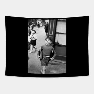 Little Boy with Bottles of Wine, Black and White Vintage Tapestry