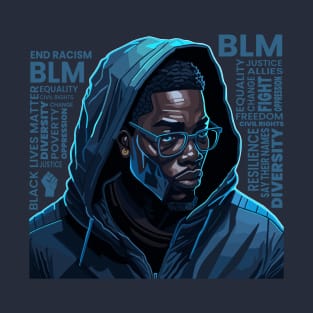 Black Man in Hoodie with BLM Word Cloud T-Shirt