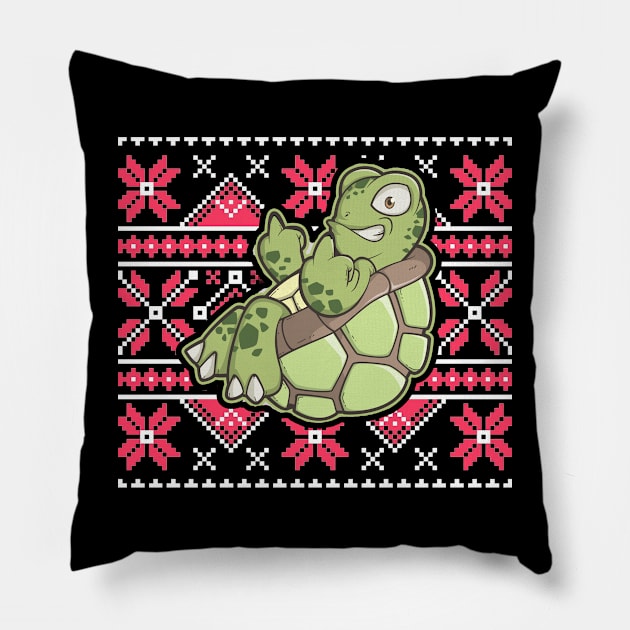 Ugly Christmas Sweater | Turtle Middle Finger Fuck Off Shirt Pillow by TellingTales