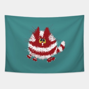 Funny Red and White Fluffy Cat on Turquoise Background Tapestry