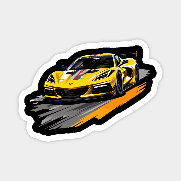 Accelerate Yellow C8 Corvette Supercar racecar on a race track Sports car Racing car Magnet by Tees 4 Thee