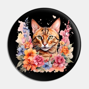 A bengal cat decorated with beautiful watercolor flowers Pin