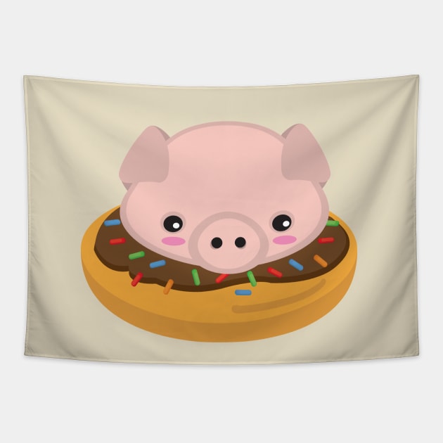 Cute Kawaii Piggy Pig with a Chocolate Donut Kid Design Tapestry by Uncle Fred Design