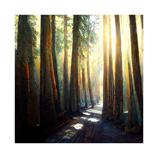 Tall trees lining a forest path as the sun shines through. by Liana Campbell