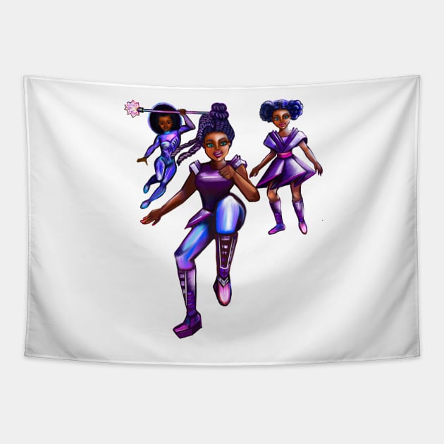 Black anime superhero girls from outer space! beautiful  black girl with Afro hair, brown eyes, Cherry pink lips and dark brown skin. Hair love ! Tapestry by Artonmytee