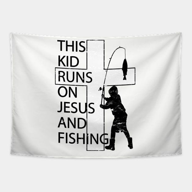 This Kid Runs on Jesus and Fishing Christian Cross Tapestry by TeeCreations