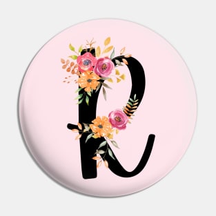 Letter R With Watercolor Floral Wreath Pin