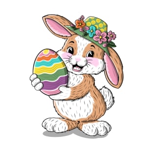 Cute bunny illustration in floral hat and big colorful egg T-Shirt