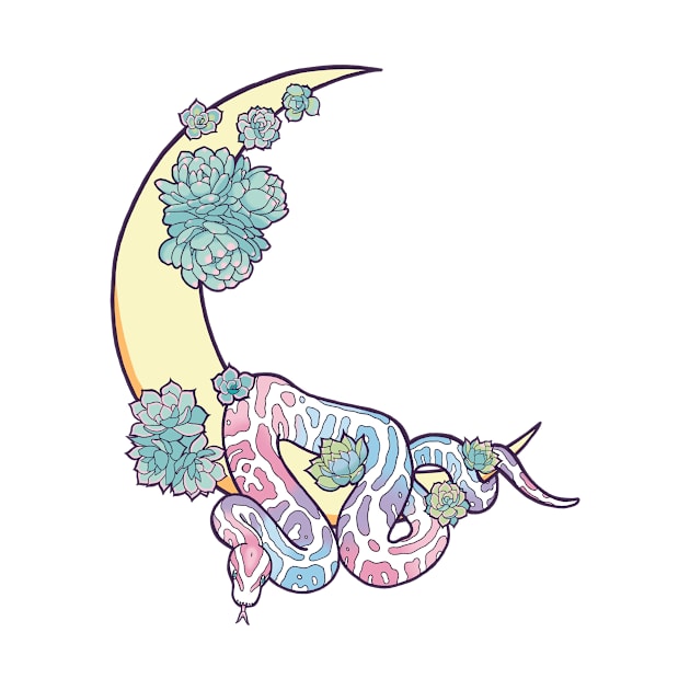 pastel princess ball python snake hanging off the moon design by pupperoni