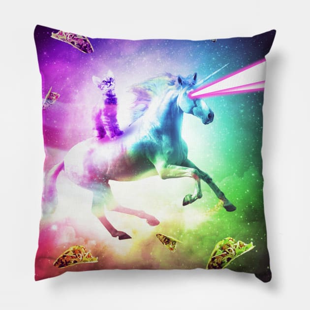 Space Cat Riding Unicorn - Laser, Tacos And Rainbow Pillow by Random Galaxy