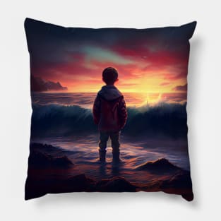 Young man standing on the beach enjoying the sunset one Pillow