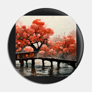 Flower River House Cherry Blossom Trees Pin