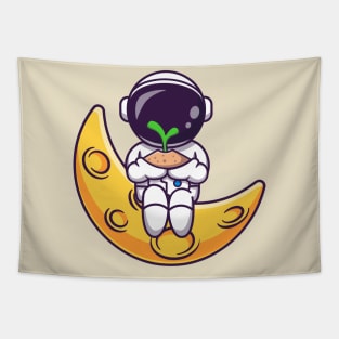 Cute Astronaut Holding Plant On Moon Cartoon Tapestry