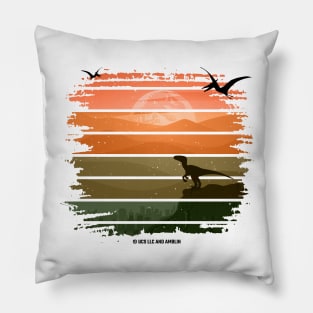 Jurassic T Rex Sunset - Blue Velociraptor CityScape Pillow