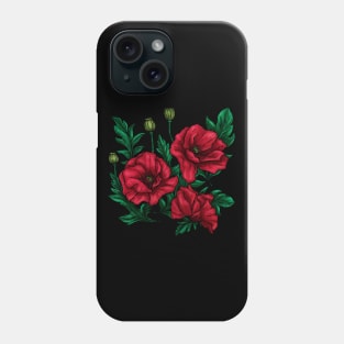 Decorative red and green poppies flowers on black Phone Case