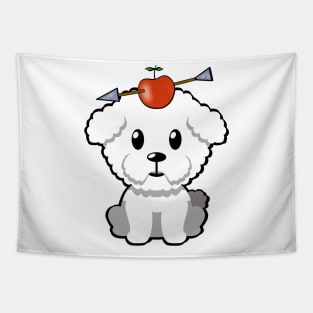 Cute furry dog has an apple and arrow on head Tapestry