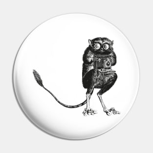 Say Cheese! | Tarsier with Vintage Camera | Bellows Camera | Black and White | Anthropomorphic | Pin