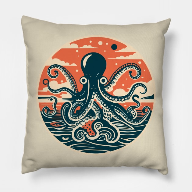 Octopus Vintage Asian Style Pillow by Kingrocker Clothing