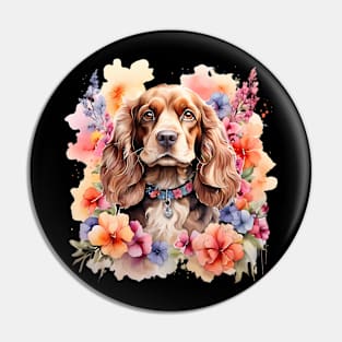 An english cocker spaniel decorated with beautiful watercolor flowers Pin