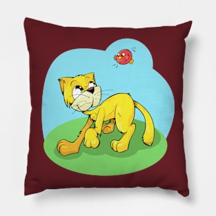 Funny Cat and Red Sparrow Pillow