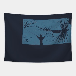 Kansas Distressed Fly Fishing State Map Tapestry