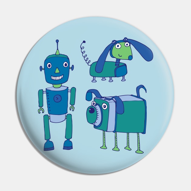 Robot Friends - cute retro robot design in blue and green Pin by Cecca