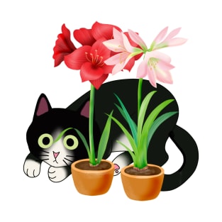 black cat behind flower pots T-Shirt