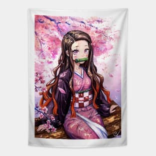 Watercolor Nezuko Under Sakura Tree- Demon Slayer Fanart Tapestry