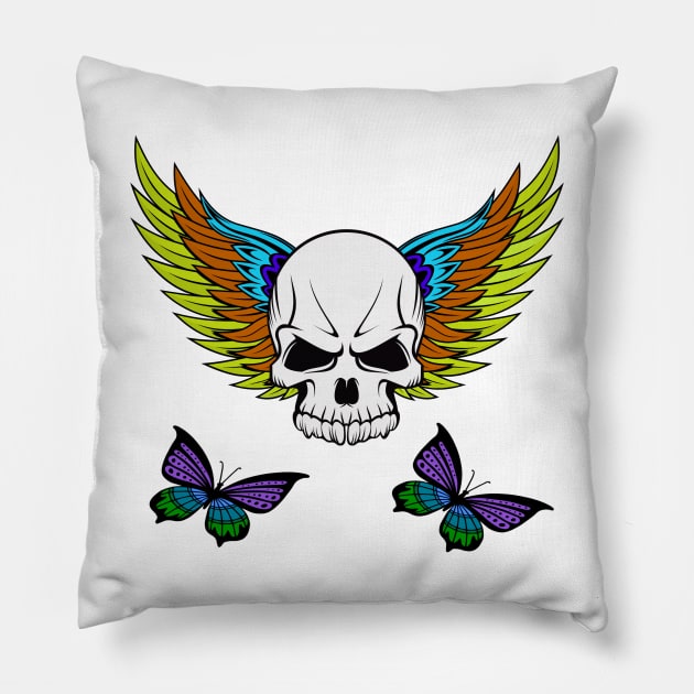 Creative colorful skull with butterflies Pillow by SUNWANG