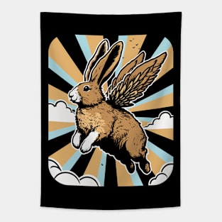 Flying Rabbit in the Sky Vintage Bunny Illustration Tapestry