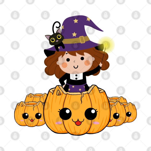 Cute little halloween witch with pumpkin and black cat by DMS DESIGN