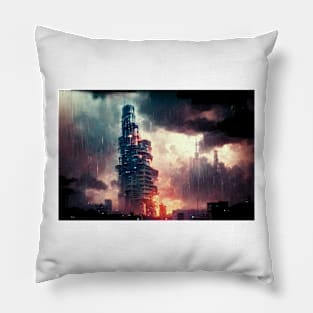 Cyberpunk City Skyscraper in a Storm Pillow