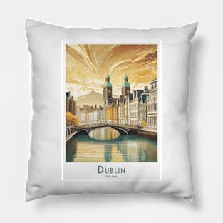 Vintage Retro Travel Poster Golden Hour in Dublin Pillow