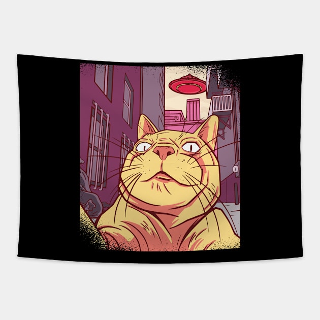 Cat Selfie Funny Cat Meme With UFO Tapestry by Visual Vibes