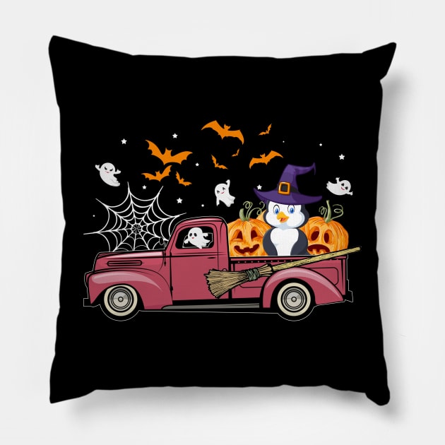 Penguin on red truck pumpkin Pillow by timski