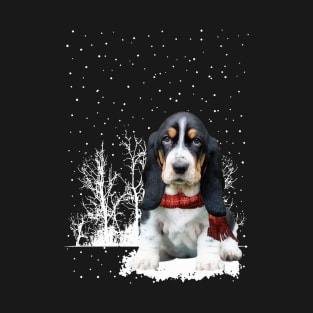 Christmas Basset Hound With Scarf In Winter Forest T-Shirt