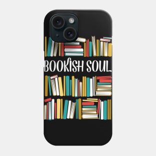 Bookish soul // black bookshelf background yellow neon red white and teal books Phone Case