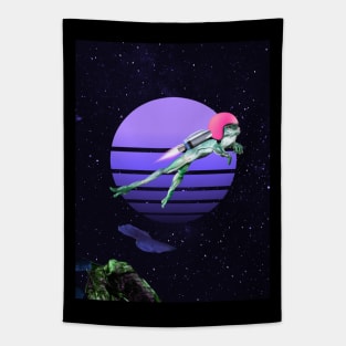 Flying Frog with a Rocket in the Space Galaxy - Vaporwave Tapestry