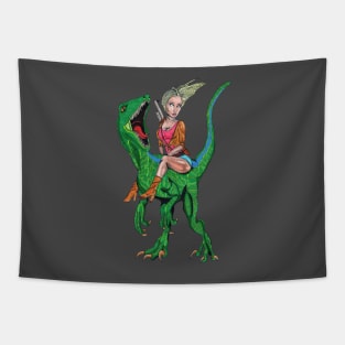 Woman Riding Velociraptor Tapestry