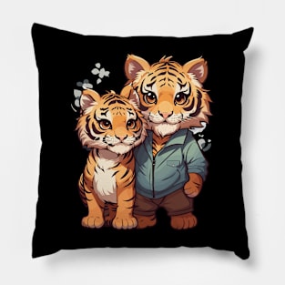 Cute Adorable Chibi Tiger Couple Design Pillow