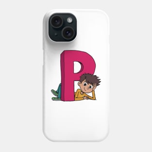 boy lies next to the capital letter P Phone Case