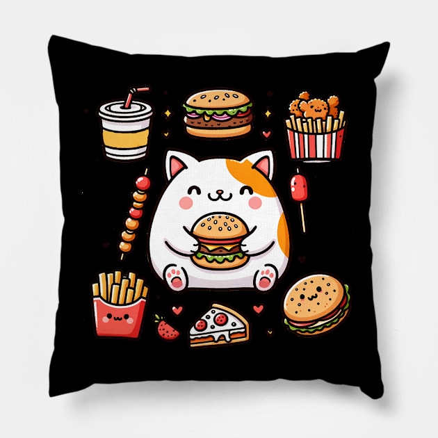 Funny Cat in Love with Fast Food, Burger, Pizza and Fries Pillow by dukito