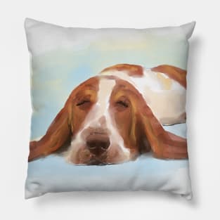 Cute Brown and White Basset Hound Sleeping on the Floor Pillow