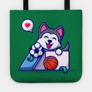 Cute Husky Dog In Box With Ball Cartoon Vector Icon Illustration Tote