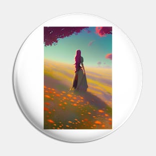 Adorable Anime Girl in Field of Red Flowers & Trees - Future Pin