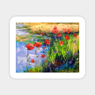 Poppies by the pond Magnet