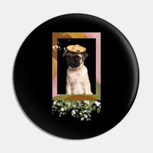 Cute Pug Flower Collage Animal Portrait Pin