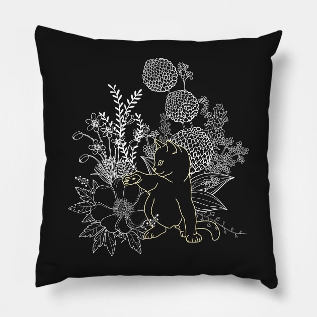 Floral Kitty Line Art Pillow by leBoosh-Designs