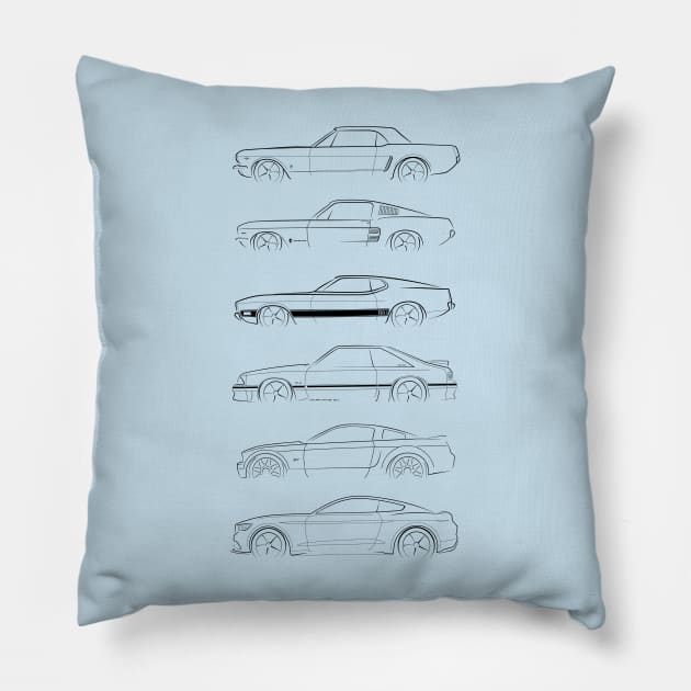 Evolution of the Ford Mustang - profile stencil, black Pillow by mal_photography