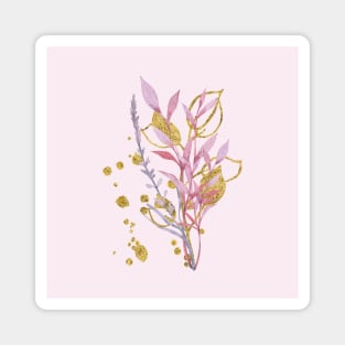 Purple and gold watercolor leaves branches Magnet